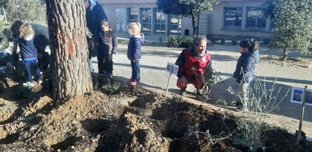 grands et petits jardinent dans la cour de l'ecole