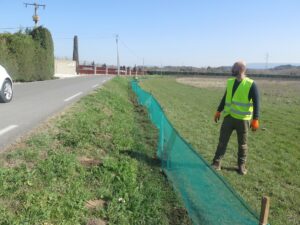 Pose du filet de protection pour les crapauds au bord de la route à Oppède dans le Vaucluse