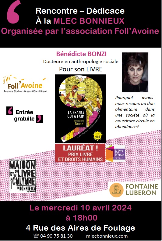 affiche rencontre avec Bénédicte Bonzi à Bonnieux