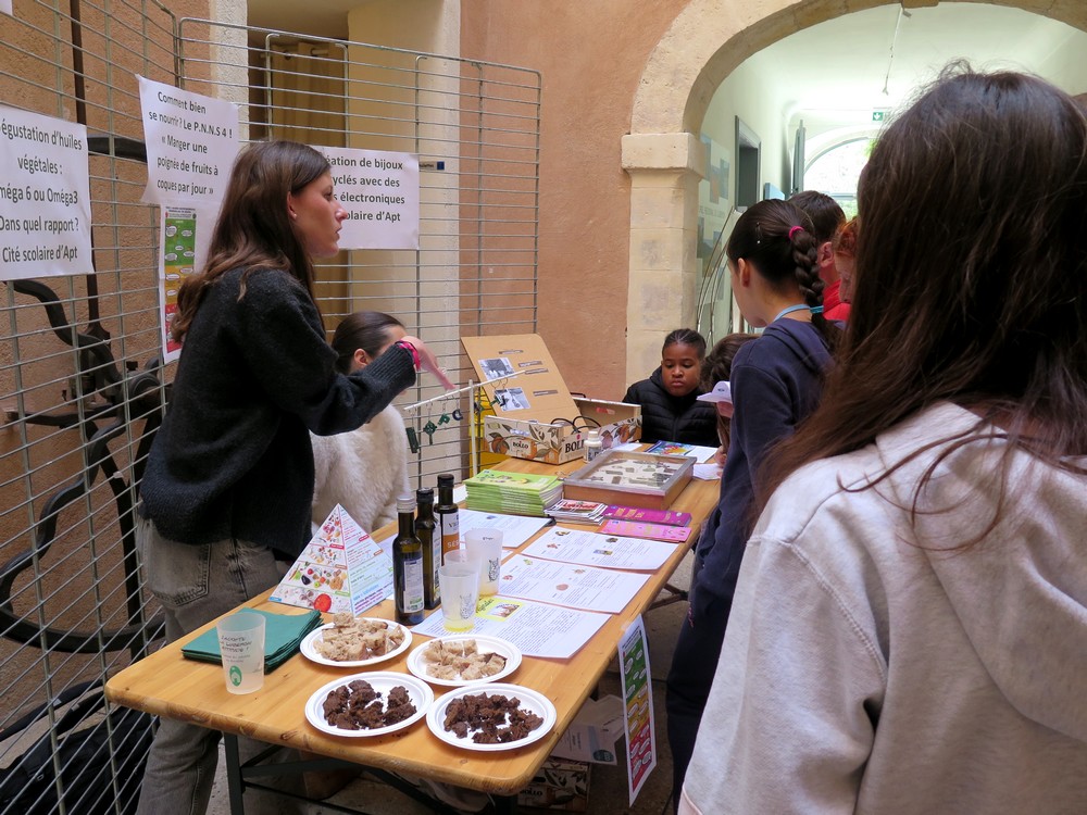 Les collégiens et lycéens présentent leurs projets sur des stands devant les autres écodélégués